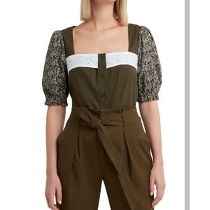 xl new Halston Poplin Square Neck Blouse Top in Tulip Green Vintage Floral